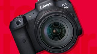 The Canon EOS R5 camera on a red background